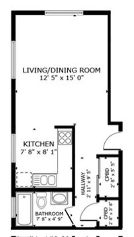Modern 2D floor plan showcasing a spacious living/dining area, efficient kitchen, and cozy bathroom layout.