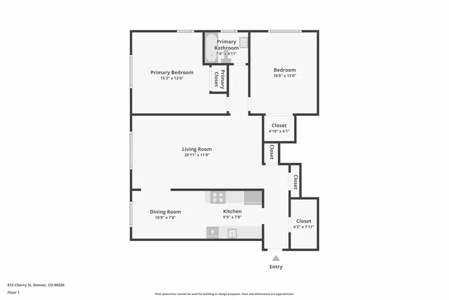 Sophisticated floor plan showcasing a spacious primary bedroom, elegant living room, and modern kitchen in Denver, CO.