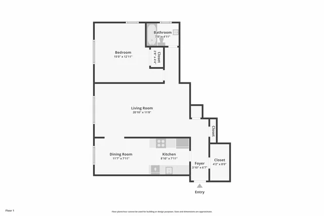 Elegant floor plan showcasing a spacious 1-bedroom apartment with a generous living room, dining area, and well-appointed kitchen, ideal for cozy living.