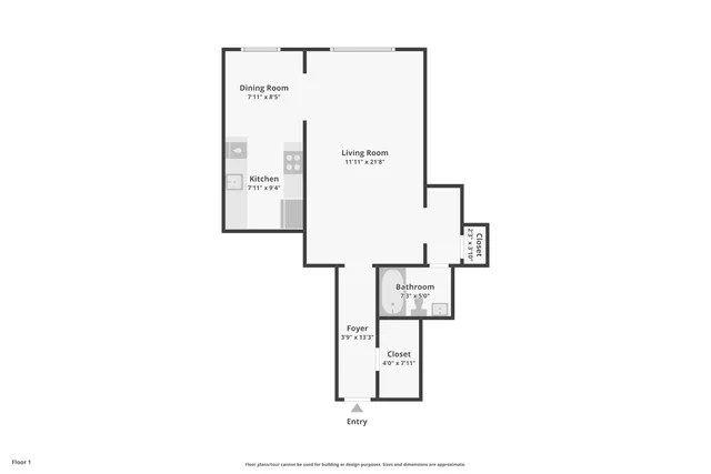 Modern floor plan showcasing an open-concept living and dining area, spacious kitchen, single bathroom, and ample closet space.
