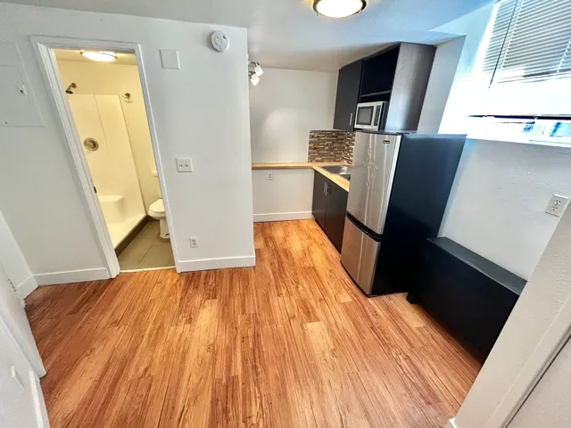 Modern apartment kitchen with sleek stainless steel appliances and adjacent cozy bathroom, enhanced by warm wooden floors.