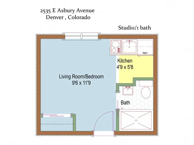 Charming studio floor plan at 2535 E Asbury Avenue, Denver, showcasing a versatile living room/bedroom and efficient kitchen layout.