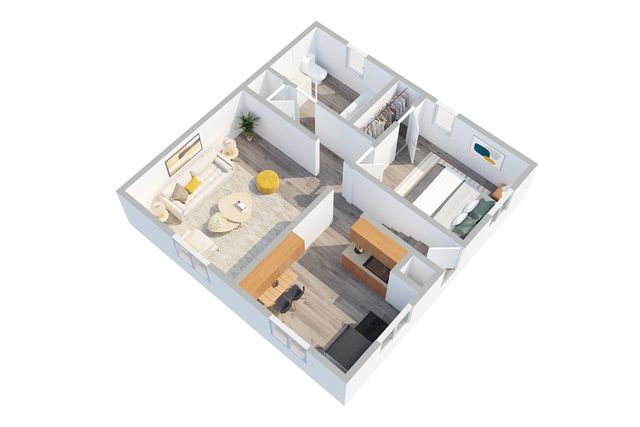 Modern 3D floor plan showcasing an elegant one-bedroom apartment with a cozy living room, sleek kitchen, and bathroom, highlighting stylish interiors with natural light.