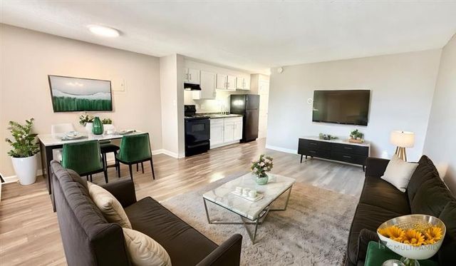 Modern, open-concept living area featuring a stylish kitchen, cozy dining space, and elegant seating in a bright apartment.