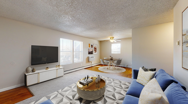 Bright living room with elegant decor, featuring a plush blue sofa, stylish geometric rug, and a dining area with modern table and chairs.