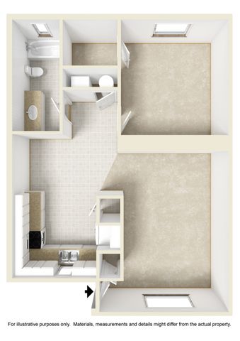 Charming 1-bedroom floor plan featuring an efficient bath and kitchen layout with ample natural light.