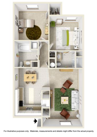 Modern 3D floor plan showcasing two spacious bedrooms, stylish living room, elegant dining area, and a fully-equipped kitchen.