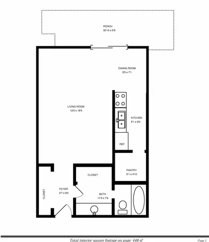 Efficient floor plan featuring a cozy living room, compact kitchen with pantry, inviting dining area, and a spacious porch, totaling 448 sq ft.