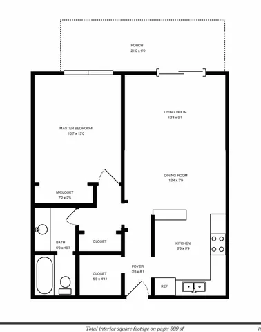Charming 2D floor plan with a spacious master bedroom, cozy living and dining room, efficient kitchen, and inviting porch, totaling 599 sq ft.