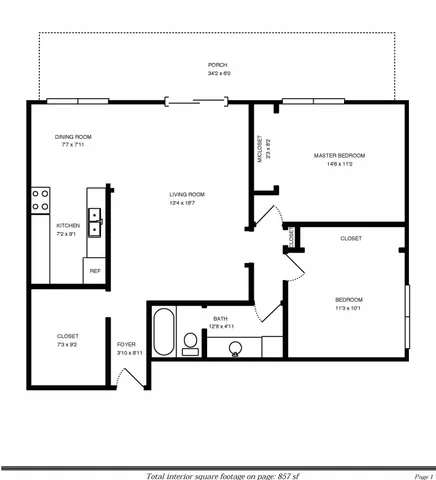 Inviting floor plan featuring 2 bedrooms, a spacious living room, and a large porch. Perfect blend of comfort and style at 857 sq ft.