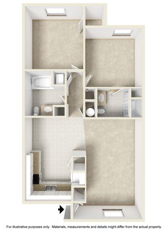 Modern 3D floor plan with two spacious bedrooms, a sleek kitchen, two bathrooms, and open living areas, ideal for stylish urban living.