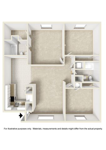 Modern 3D floor plan showcasing 3 spacious bedrooms, a functional kitchen, and 2 elegant bathrooms.