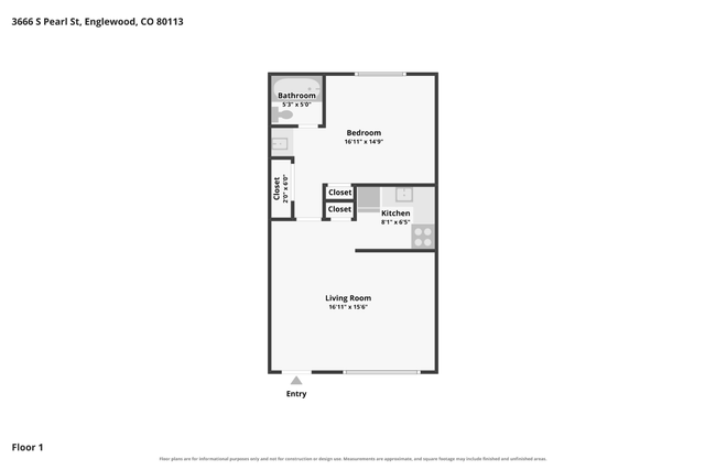Cozy floor plan of apartment at 3666 S Pearl St, Englewood, CO, featuring a spacious living room, one large bedroom, compact kitchen, and convenient bathroom.