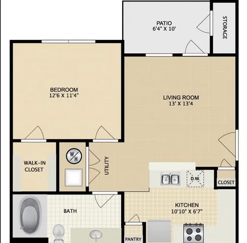 Contemporary floor plan showcasing a spacious one-bedroom with a walk-in closet, inviting living room, modern kitchen, bathroom, utility room, and cozy patio.