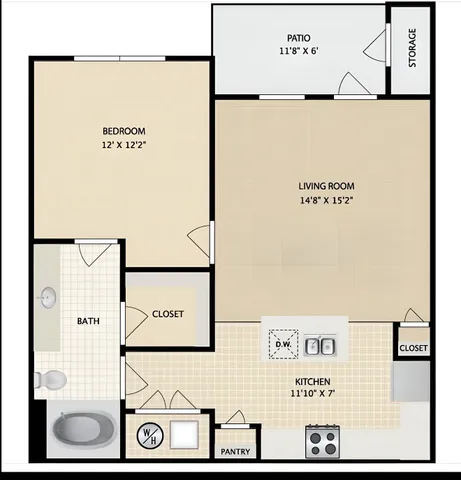 Modern 1-bedroom floor plan featuring a spacious living room, well-appointed kitchen, bathroom, generous closets, a cozy patio with storage, and in-unit washer/dryer setup.