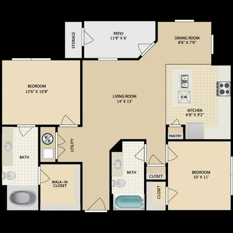 Spacious floor plan featuring 2 bedrooms, 2 bathrooms, an inviting living room, and a modern kitchen with a pantry, plus a cozy patio.