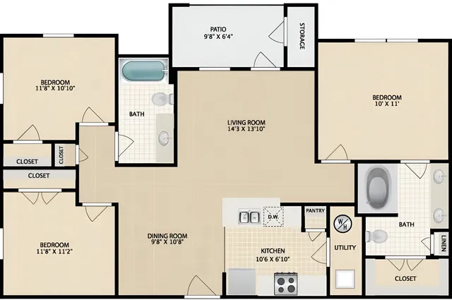 Elegant floor plan showcasing 3 bedrooms, spacious living room, modern kitchen, dining area, and a cozy patio with storage.