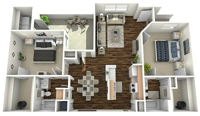 Contemporary 3D floor plan featuring 2 bedrooms, open-concept living and dining area, modern kitchen, and cozy balcony space.