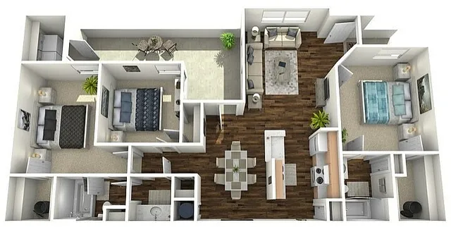 Modern 3D floor plan showcasing 3 bedrooms, sleek open-concept kitchen, cozy living room, and inviting balcony space.