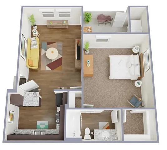 Modern 3D floor plan showcasing a one-bedroom apartment with a cozy living area, stylish kitchen, and inviting balcony space.