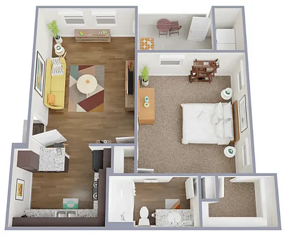 Bright and modern floor plan A1-E showcasing a spacious bedroom, cozy living room, sleek kitchen, and private balcony, ideal for comfortable living.