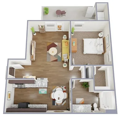 Chic floor plan A2 featuring a spacious bedroom, modern kitchen, cozy living area, and private patio.
