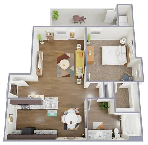 Inviting floor plan for A2-E apartment featuring a cozy bedroom, spacious living room, modern kitchen, and private patio.