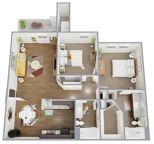 Elegant 3D floor plan showcasing 2 bedrooms, a spacious living room, modern kitchen, and two bathrooms in the B2 layout.