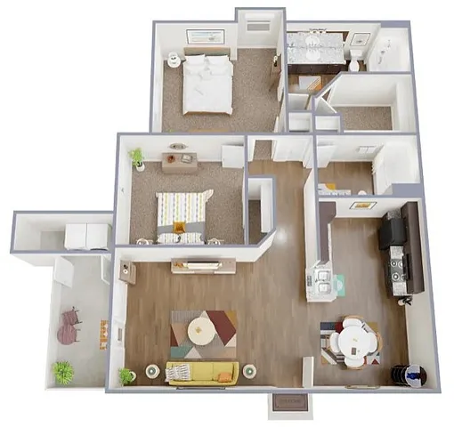 Chic 3D floor plan of apartment B2-E featuring 2 spacious bedrooms, modern kitchen, cozy living area, and inviting balcony.