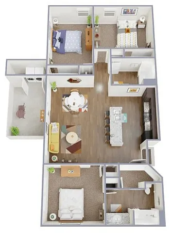 Elegant 3D floor plan of model C1 showcasing three spacious bedrooms, an open-concept living and dining area, and a modern kitchen with a breakfast bar.