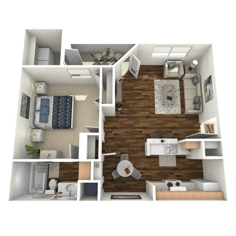 Charming apartment floor plan showcasing 1 spacious bedroom, inviting living room with hardwood floors, modern open kitchen, and a cozy dining area.