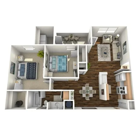 Modern 3D floor plan showcasing 2 bedrooms, inviting living room, sleek kitchen, and elegant dining area with hardwood floors.