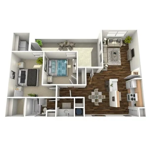 Modern 3D floor plan featuring 2 cozy bedrooms, spacious living room, and a sleek kitchen with wooden flooring.