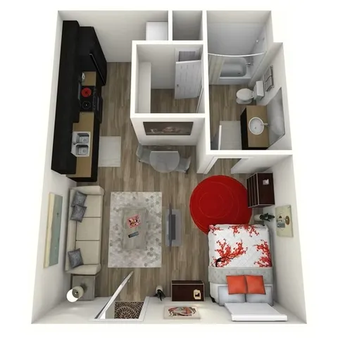 Modern studio apartment floor plan with a cozy living area, compact kitchen, and stylish bathroom, featuring elegant furnishings and vibrant decor.