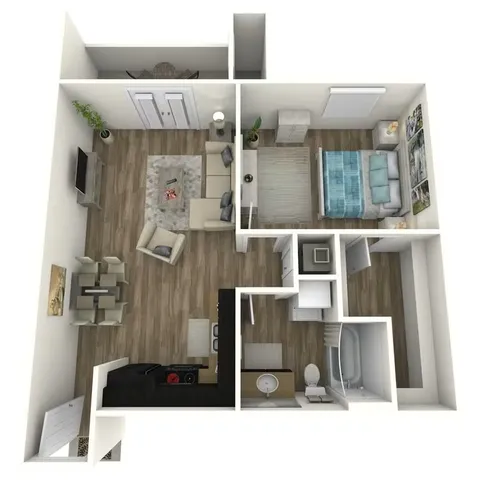 Elegant 3D floor plan showcasing a modern one-bedroom apartment with an open living area, chic kitchen, and a cozy bathroom.