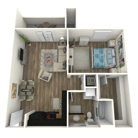 Modern 3D floor plan showcasing a cozy one-bedroom apartment with a stylish open-concept living and dining area, sleek kitchen, and elegant bathroom.