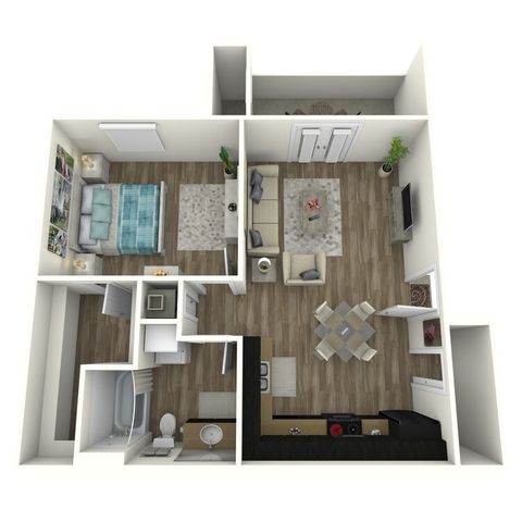 Modern 3D floor plan featuring a cozy bedroom, inviting open-concept living area with a plush seating arrangement, sleek kitchen, and elegant dining space.