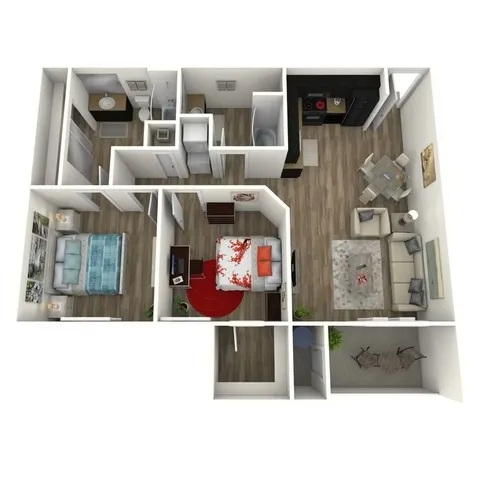Inviting floor plan showcasing 2 bedrooms, a cozy living room, modern kitchen, and stylish dining area with elegant wood flooring.