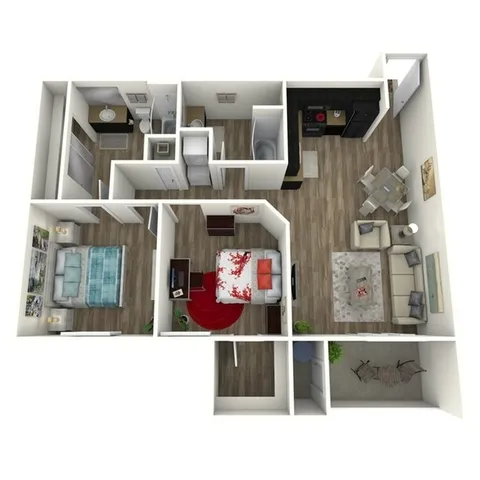 Modern 3D floor plan featuring 2 cozy bedrooms, stylish open-concept living and dining area, sleek kitchen, and spacious balcony.