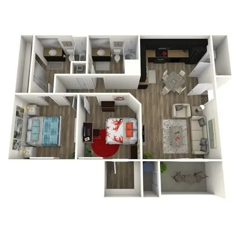Modern 3D floor plan showcasing 2 bedrooms, stylish open living and dining area, contemporary kitchen, and spacious balcony, perfect for comfortable living.
