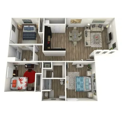 Modern 3D floor plan featuring three spacious bedrooms, a stylish open-concept living and dining area, and a sleek kitchen design.