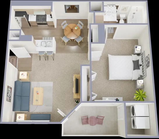 Modern open-concept floor plan featuring a spacious living area, cozy dining space, sleek kitchen, and a comfortable bedroom with en-suite bathroom.