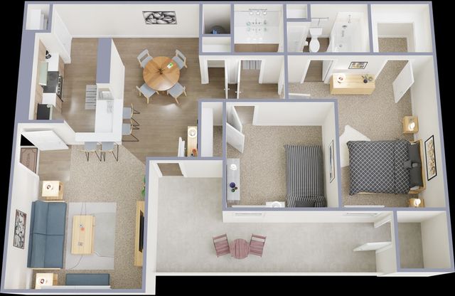 Modern 3D floor plan showcasing two bedrooms, spacious living area, and open kitchen with an elegant dining space.