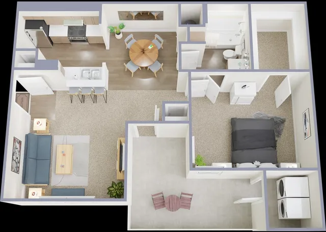 Modern floor plan with one bedroom, inviting open-concept living area, sleek kitchen with breakfast bar, and cozy dining space.