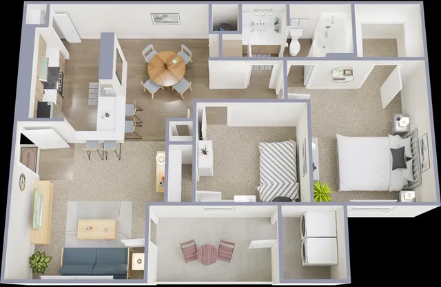 Chic 3D floor plan featuring 2 bedrooms, modern kitchen with breakfast bar, cozy living room, and stylish bathroom, perfect for comfortable urban living.
