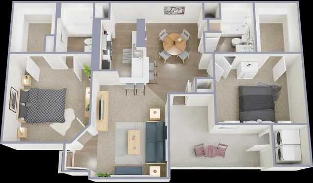 Contemporary 3D floor plan showcasing a 2-bedroom apartment with a stylish open kitchen, inviting living room, modern dining area, and two well-appointed bathrooms.