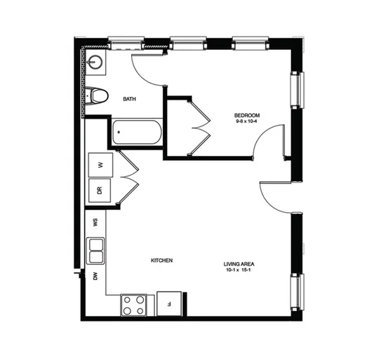 Contemporary apartment floor plan with one bedroom, a spacious living area, and a well-equipped kitchen.