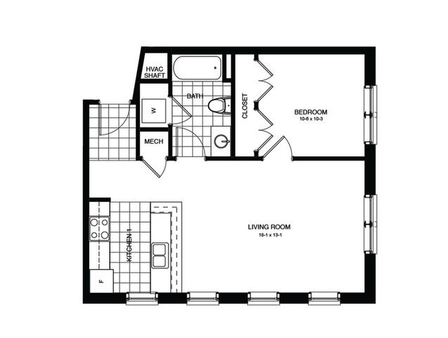 Modern apartment floor plan featuring spacious living room, bedroom, kitchen, and bathroom layout.