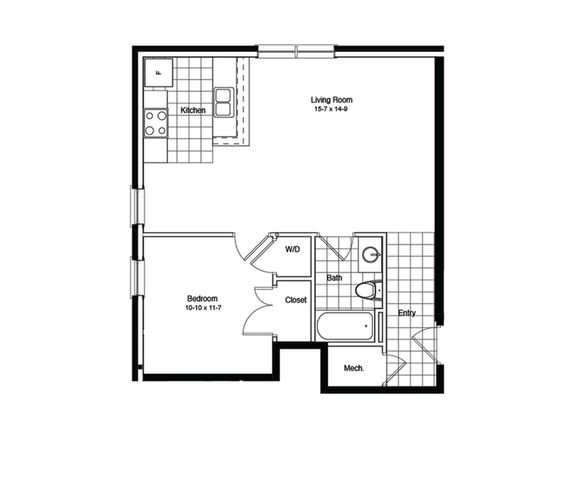 Modern one-bedroom apartment floor plan featuring a spacious living room, kitchen, bathroom, and closet.