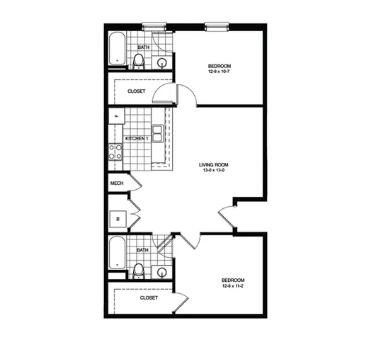 Contemporary apartment floor plan with two bedrooms, two bathrooms, kitchen, and spacious living room.